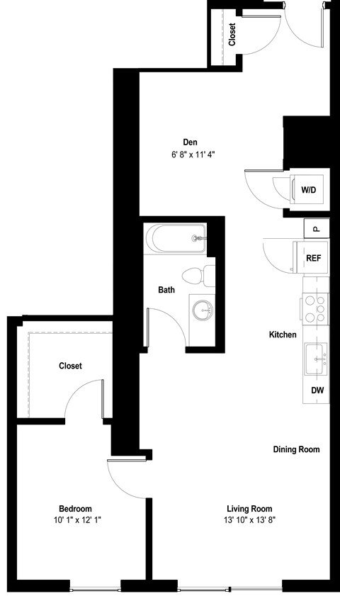 Floor plan for 1 bed, 1 bath, 728 sqft